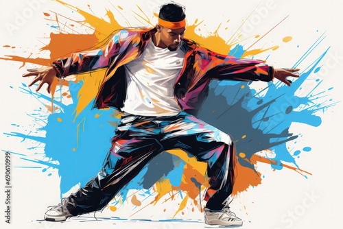 Vibrant illustration of male dancer in urban attire, move with splashes of color, modern dance.