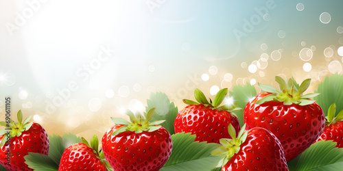 The Enchanting Symphony of Succulent Strawberries: A Culinary Ode to the Vibrant Marriage of Luscious Fruit and Delicate Leaves, Strawberries on a isolated pastel background Copy space, Juicy, ripe