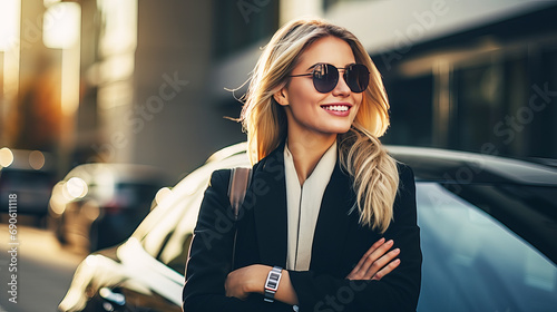 Young beautiful blonde girl near an expensive luxury car. Business lady near the car. © Andrey_Lobachev
