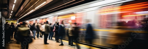 Blurred motion of a fast-moving subway train alongside a busy platform of waiting passengers. photo