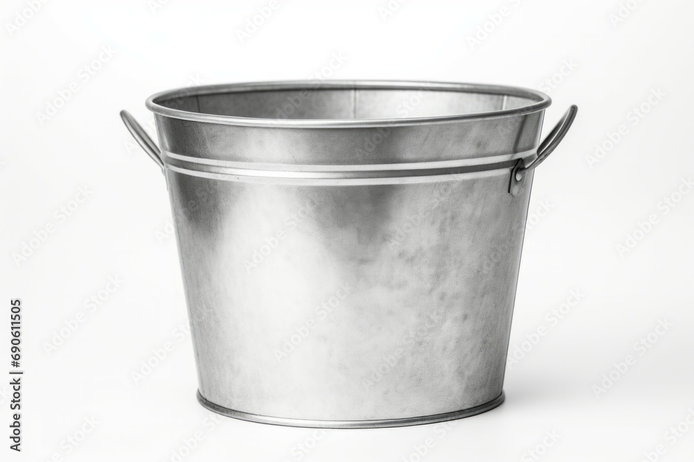 Front view of empty unpainted tin bucket isolated on white Front view of empty unpainted tin bucket isolated on white