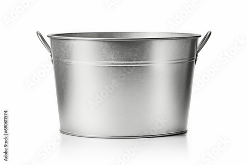Front view of empty unpainted tin bucket isolated on white