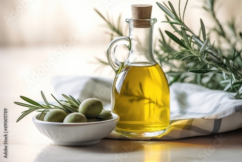 Crystal clear bottle of olive oil with a bowl of fresh olives, rosemary backdrop