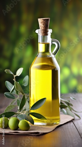 Elegant glass bottle of olive oil with fresh green olives and leaves  serene green background.