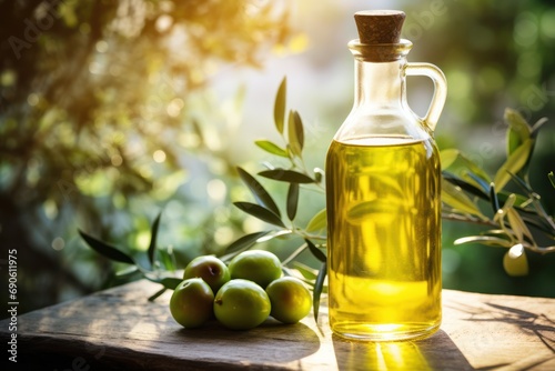 bottle of olive oil with green olives , dappled light creates a warm, Mediterranean atmosphere