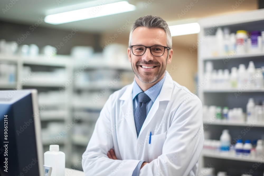 Confident male pharmacist smiling in pharmacy, trusted healthcare service and pharmacological.