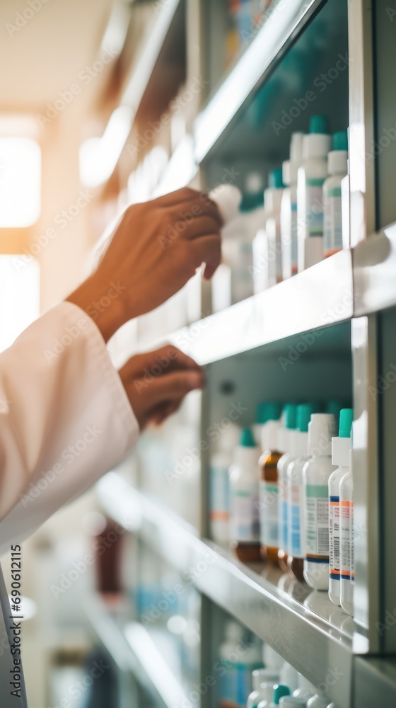 Pharmacist hands selecting medication from shelves, importance of correct dispensing Pharmacist hands selecting medication from shelves, importance of correct dispensing