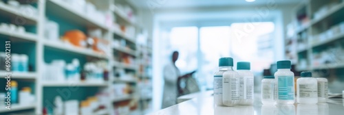 Blurred background of pharmacy shelves with focused bottles i, modern medical environment photo