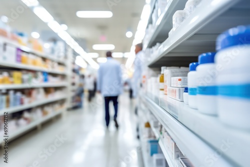 Blurred background of busy pharmacy with pharmacist walking through the medication aisle
