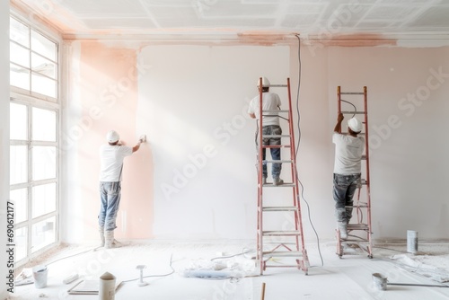 Renovation scene with workers on ladder painting walls, cans of paint and renovation materials