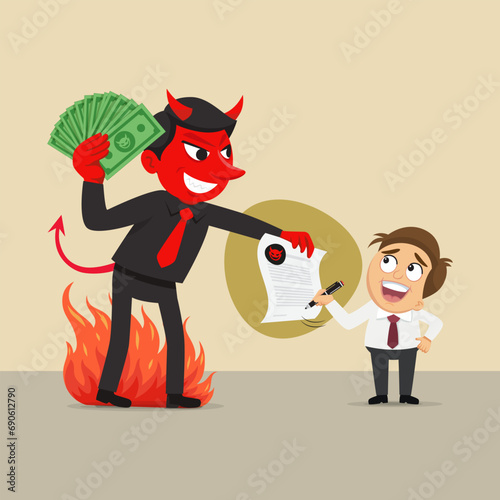 
Devil businessman holding money with signing the proverbial devil deal. illustration vector eps10 cartoon. 