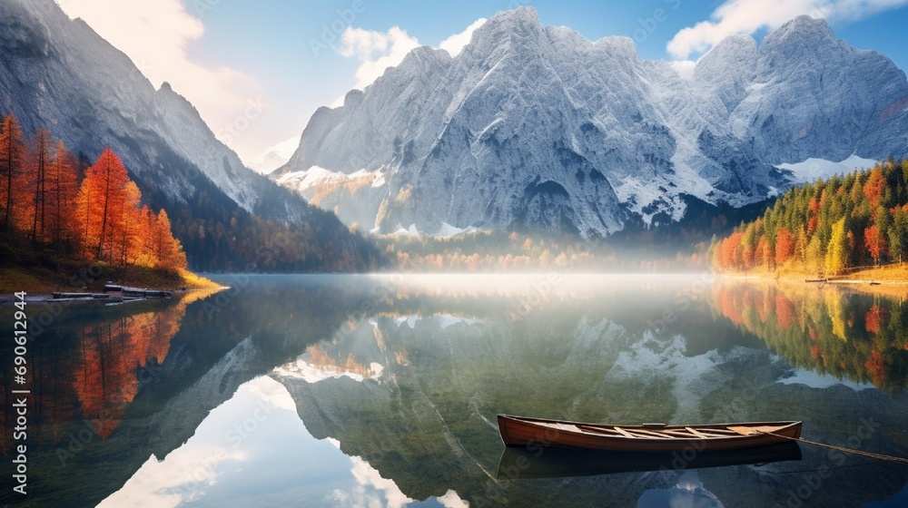 Beautiful autumn lake scene with the Dachstein glacier in the backdrop. Upper Traveling concept background with a beautiful morning view of the Alps.