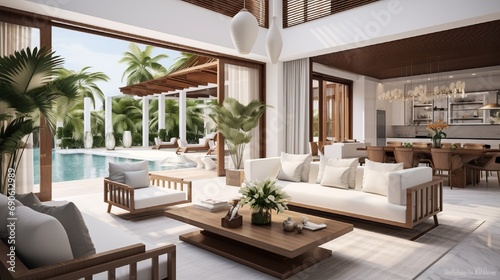 Luxury interior design in living room of pool villas. Airy and bright space with high raised ceiling  sofa  middle table  dining
