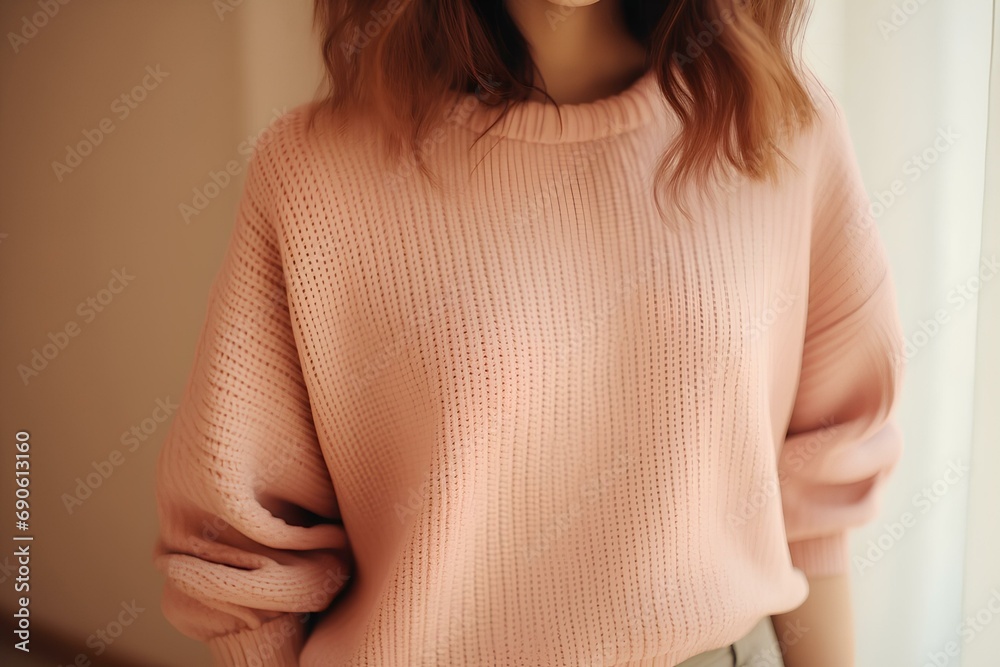 Women's warm soft sweater in peach fuzz shades, the color of the year 2024. Women's warm soft sweater in peach fuzz shades, the color of the year 2024.