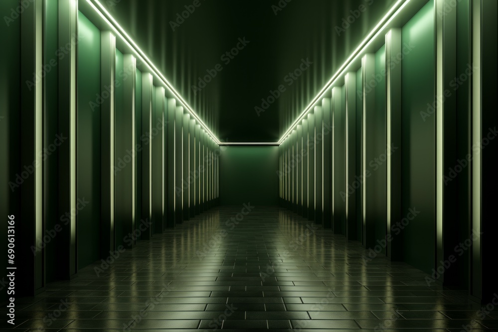 Sci-Fi Green Glowing Neon Lights Hexagon Tunnel Futuristic Corridor 3D Rendering - Abstract Background Texture