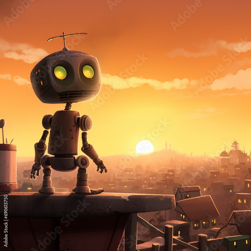Süßer Roboter-Charakter aus Animationsfilm Träumt über Zukunftsstadt im Abendlicht