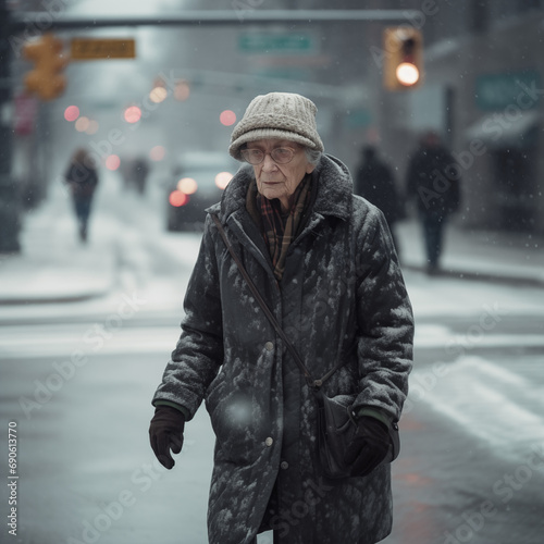 Gefrorene Momente: Einsame Ältere Dame Durchquert Eisige Straßenlandschaft im Schnee