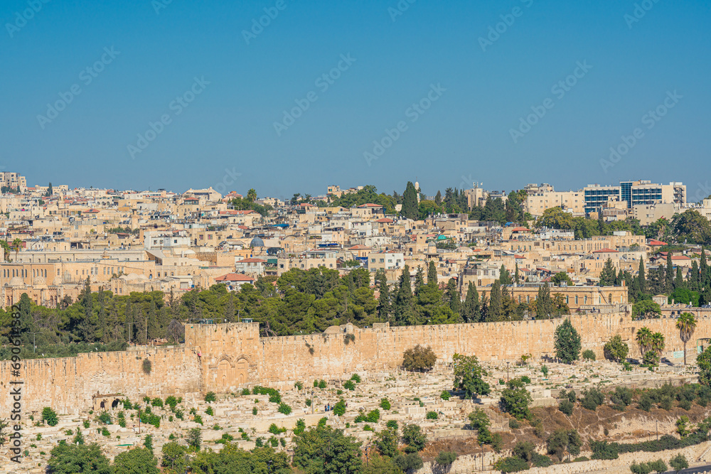 View of the Golden Gate, a historical landmark, on the East side of the walls of the Temple Mount, Old City of Jerusalem