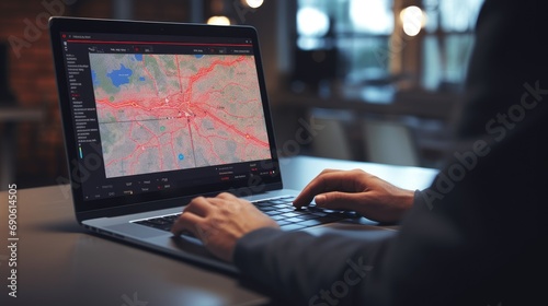 Man is working on a laptop and using a map to navigate his work