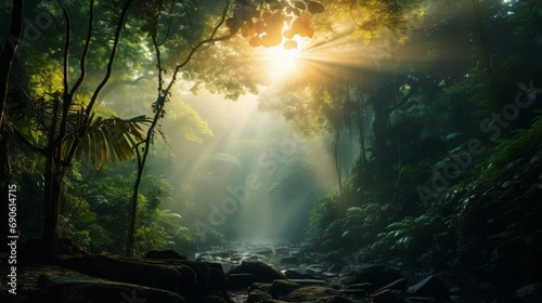 Sun rays falling deep into a thick forest.