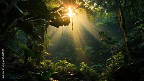Sun rays falling deep into a thick forest.