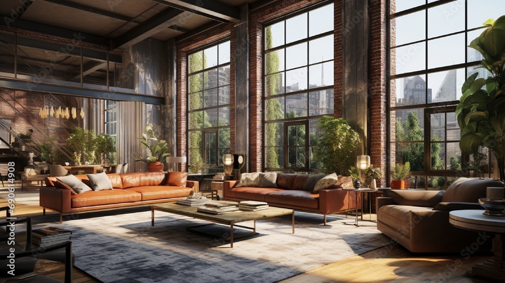 Luxury loft, detail of living room. Big windows and bright furniture