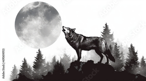 Lone Wolf's Lament: Stark Silhouette Against a Full Moon in Mysterious Greys © Sekai