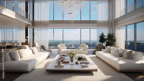 Massive luxury living room with chunky white fabric sofas and floor to ceiling windows