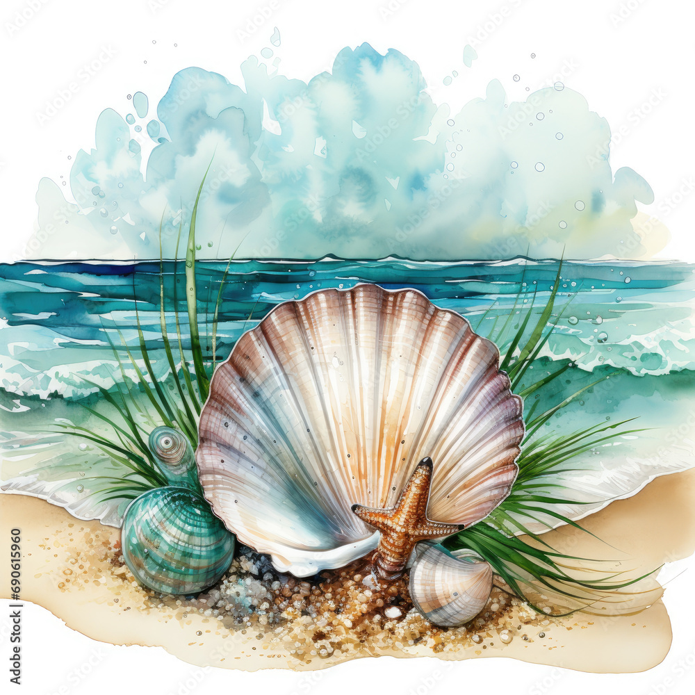 watercolor Seashell beach clipart, Generative Ai watercolor Seashell beach clipart, Generative Ai