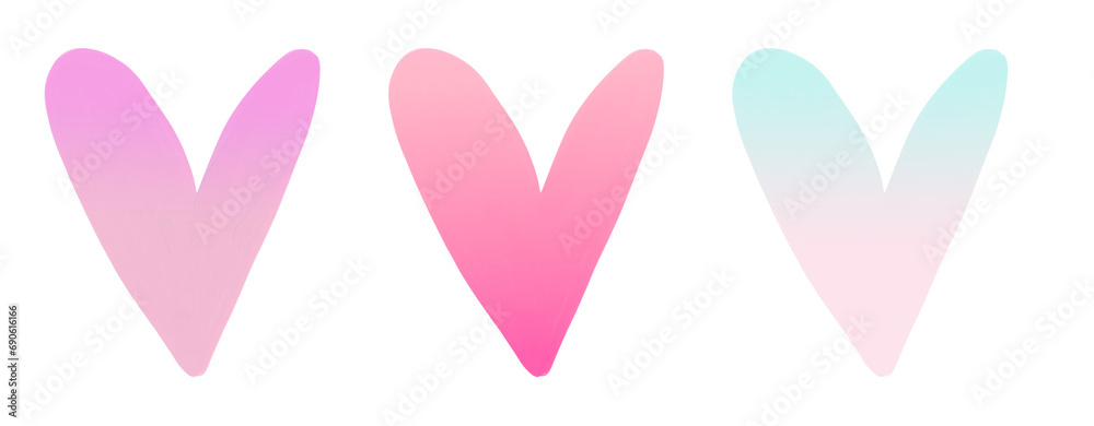 Set of 3 Hand Drawn Hearts in pastel and Opal Color. Infantile Style Colorful Love Symbol. No Background. Doodle Style Sloppy Freehand Hearts of of Irregular Shape.	
