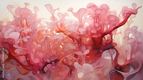 A surreal symphony of translucent coral and magenta liquid  forming intricate 3D patterns against an ethereal abstract canvas.