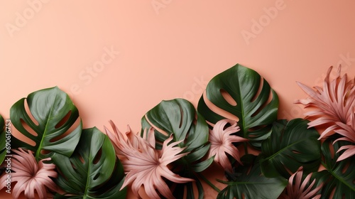Live Monstera leaves are located on the left on a pink background top view banner place for text peach hues