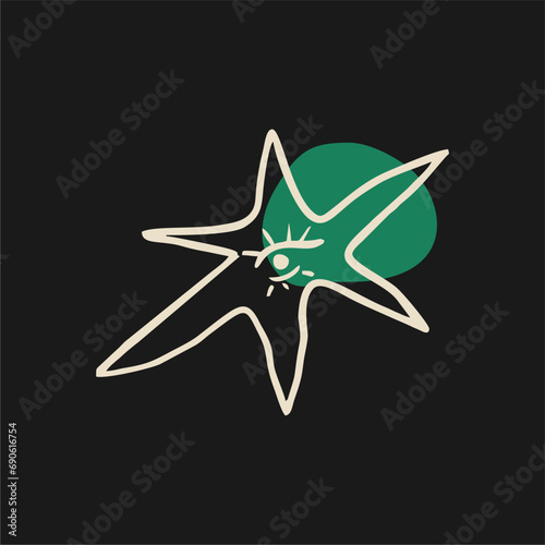 Mystical abstract star with an eye against black background. Boho poster for astrology, Tarot. Heavenly vector illustration. Hand drawn cartoon, doodles.
