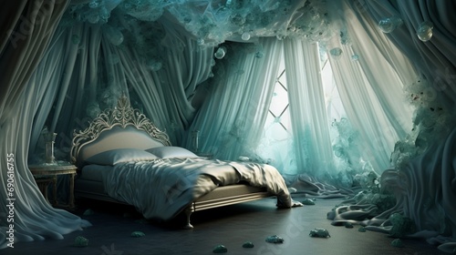 A surreal underwater-themed bedroom featuring hexagonal wallpaper in shades of aquamarine and silver, brought to life with impeccable 3D rendering.