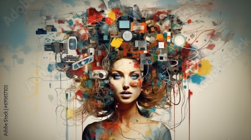 a vibrant modern art poster collage of a woman with technology items and elements on her head. A concept of digital load overwhelming
