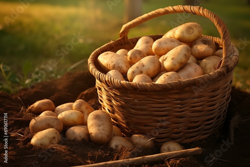 Cesto cheio de batatas no campo sobre o nascer do sol - Papel de parede photo