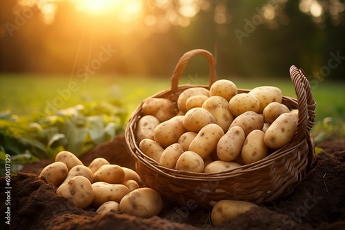 Cesto cheio de batatas no campo sobre o nascer do sol - Papel de parede