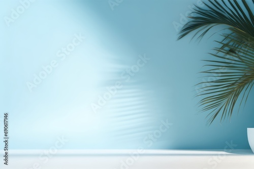 Light blue studio background with shadow from palm leaves on the wall. Rays of the sun on the blue wall. Minimal studio background for product presentations. Spring and summer