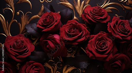 Deep Burgundy Roses flourishing on a Stylish Onyx and Gold Background  leaving ample room for personalized messages