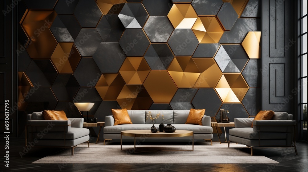 Imagine a mesmerizing blend of silver and gold hexagonal wallpaper, elevating the ambiance of a contemporary lounge with impeccable 3D rendering precision. - obrazy, fototapety, plakaty 