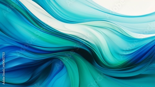 Fluid color waves of azure blue and emerald green intertwining in a dynamic 3D composition, creating a captivating abstract background.