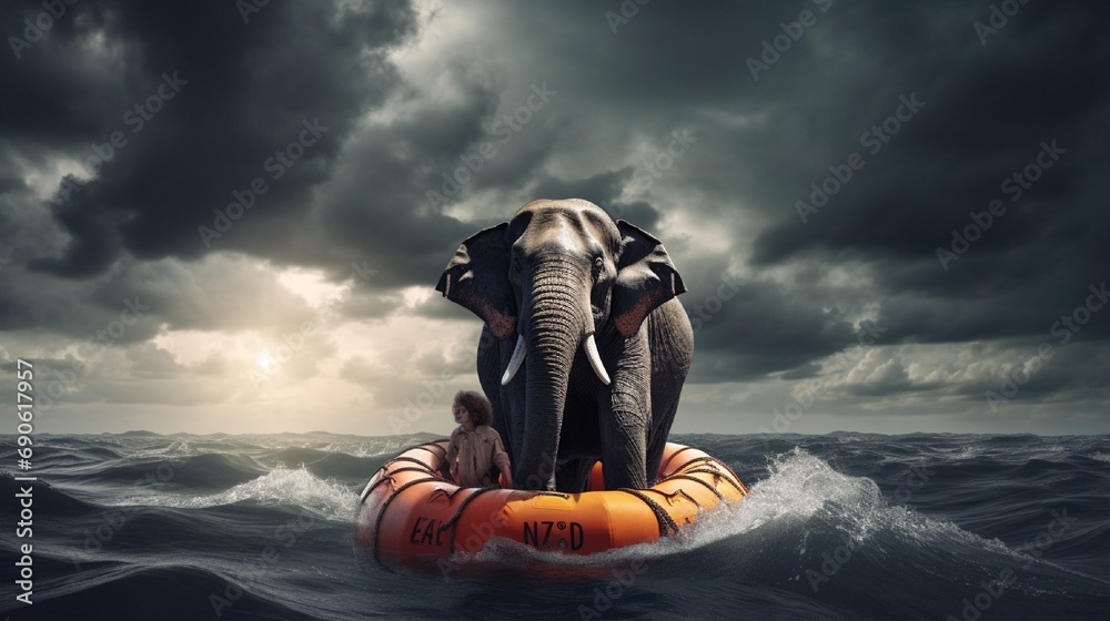 Surviving adversity and managing risk for big business challenges and uncertainty with a large elephant floating on a life preserver in a storm ocean back overcoming fear of loss for goal success. - obrazy, fototapety, plakaty 