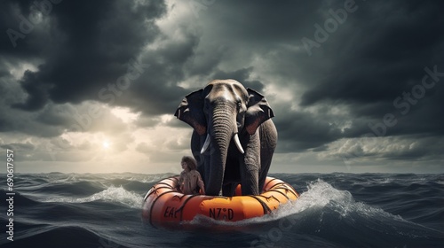 Surviving adversity and managing risk for big business challenges and uncertainty with a large elephant floating on a life preserver in a storm ocean back overcoming fear of loss for goal success.