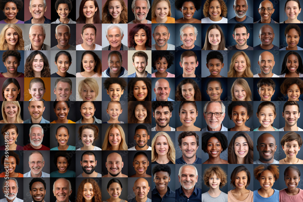 Collage of diverse multi-ethnic and mixed age people smiling to camera.