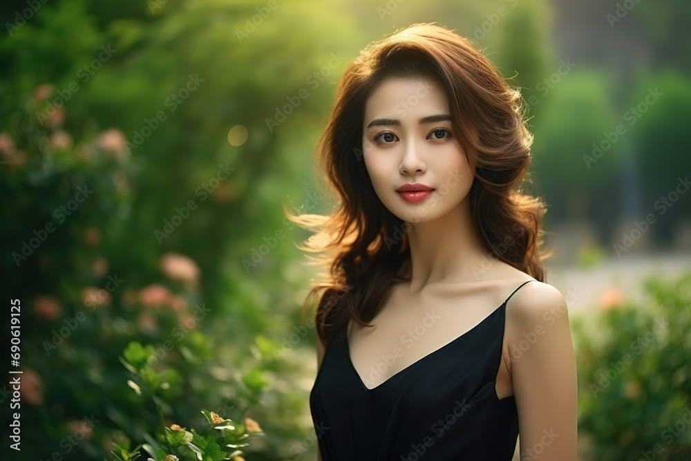 Close-up portrait of attractive asian woman smiling at camera, walking in park. Close-up portrait of attractive asian woman smiling at camera, walking in park.