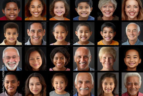 Collage of diverse multi-ethnic and mixed age people portraits.