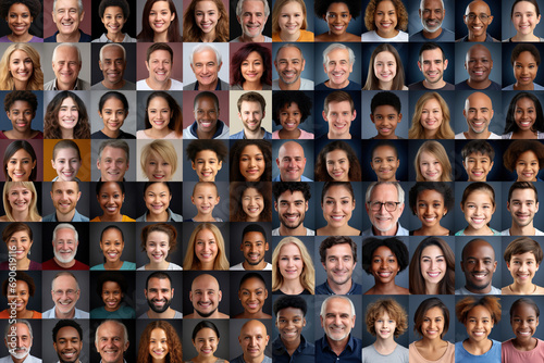 Collage of diverse multi-ethnic and mixed age people smiling to camera. photo