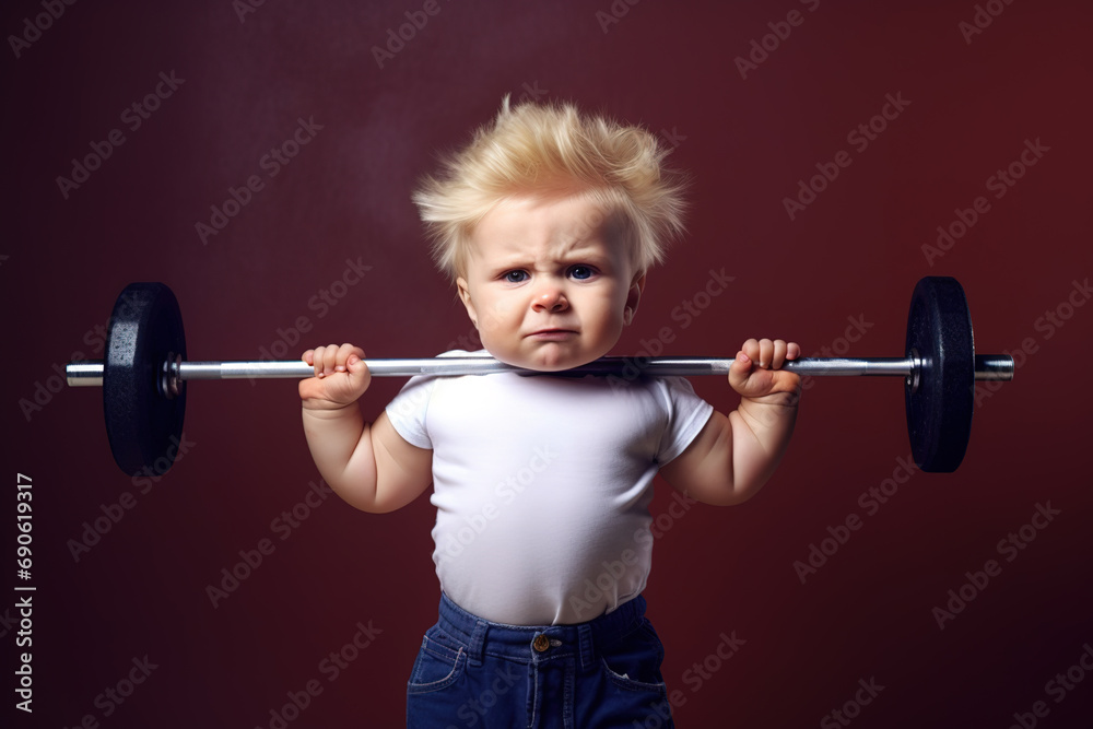 Obraz premium Strong baby boy lifting a heavy barbell.
