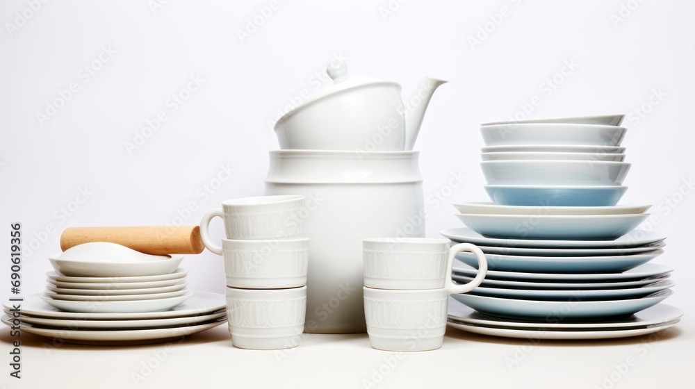 Porcelain Elegance - Many ceramic plates, kettle and cups on white background. Porcelain Elegance - Many ceramic plates, kettle and cups on white background.