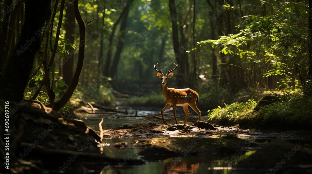 The image of a male barking deer walking for food in national park reflects of the lush World Heritage forest, raising awareness of conservation of wildlife and natural resource. The image of a male barking deer walking for food in national park reflects of the lush World Heritage forest, raising awareness of conservation of wildlife and natural resource.